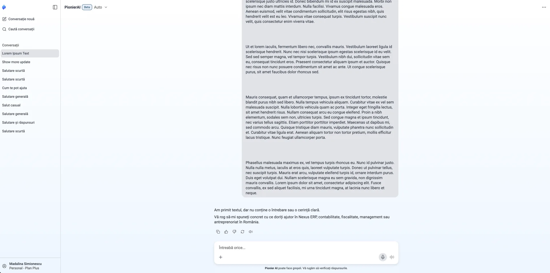 Previzualizare conversație Pionier AI într-un spațiu de lucru